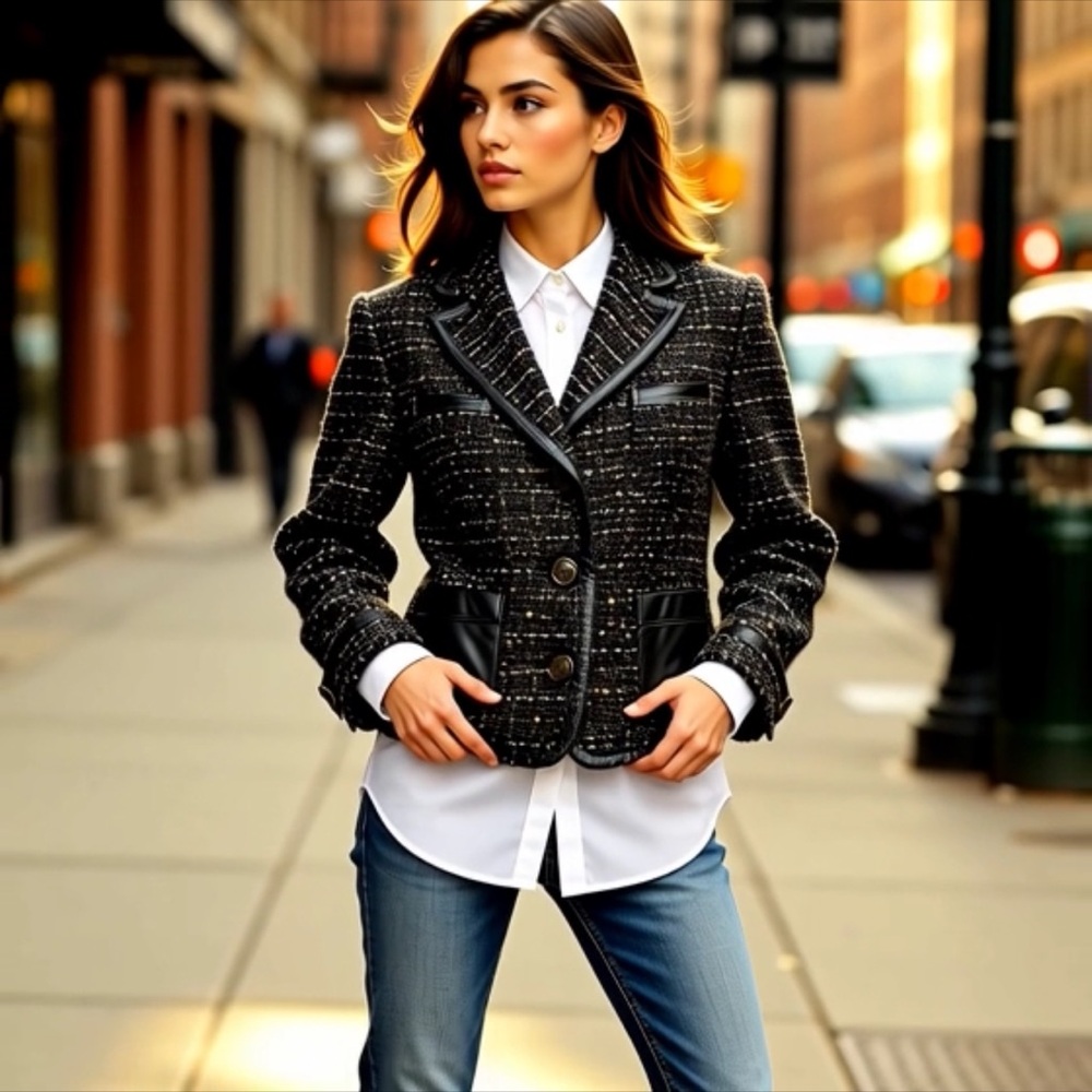 Vince Camuto Tweed jacket blazer w/leather detail.